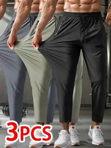 Men's Elastic Ice Silk Sports Pants, Nine-Inch Leggings with Side Pockets Zipper, Indoor Fitness Training Outdoor Running, Gym Sportswear Bottoms, Perfect Gift