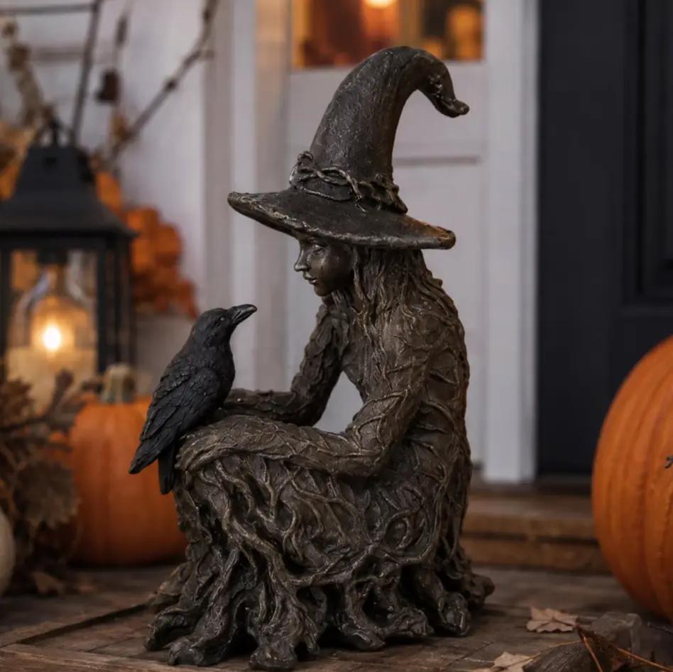Halloween Witch with Raven Figurine - Vintage Bronze-Finish Forest Sorceress & Crow Statue, Spooky Gothic Tabletop Decor for Mantel, Bookshelf, Porch, Haunted House Prop, Unique Fall Fantasy Ornament Gift