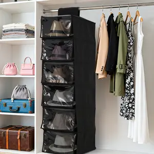 No Drill Hanging Hat Rack Set 2-Pack – Space-Saving Closet Organizer with Dust Cover, 6 Adjustable Shelves, Clear Window – Black Storage for Baseball & Cowboy Hats, Great for Men, Women & Dorm Rooms