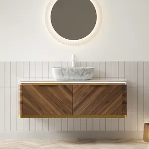 48" Bathroom Vanity & Sink, Floating Plywood Storage Cabinet, Drawers with Handle & Sensor Light, Marble Pattern Ceramic Vessel Basin & Sintered Stone Top, Pre-assembled, Dark Walnut Woodgrain Color