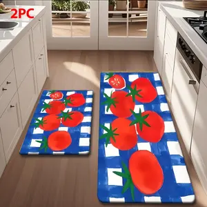 2/3 Piece Flannel Kitchen Mat Set, Blue Checkered Hand Drawn Tomato Design, Anti-Slip, Absorbent, Home Decor