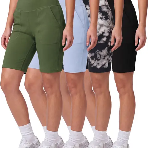 4 Pack Women's 9" Bermuda Shorts Athletic Yoga Running Workout Pockets Long