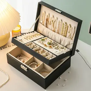 Large Capacity Leather Jewelry Storage Box, Gift Jewelry Box, 1pc Double Layer Jewelry Organizer, Jewelry Display & Packaging Supplies for Earrings, Bracelets and Necklaces