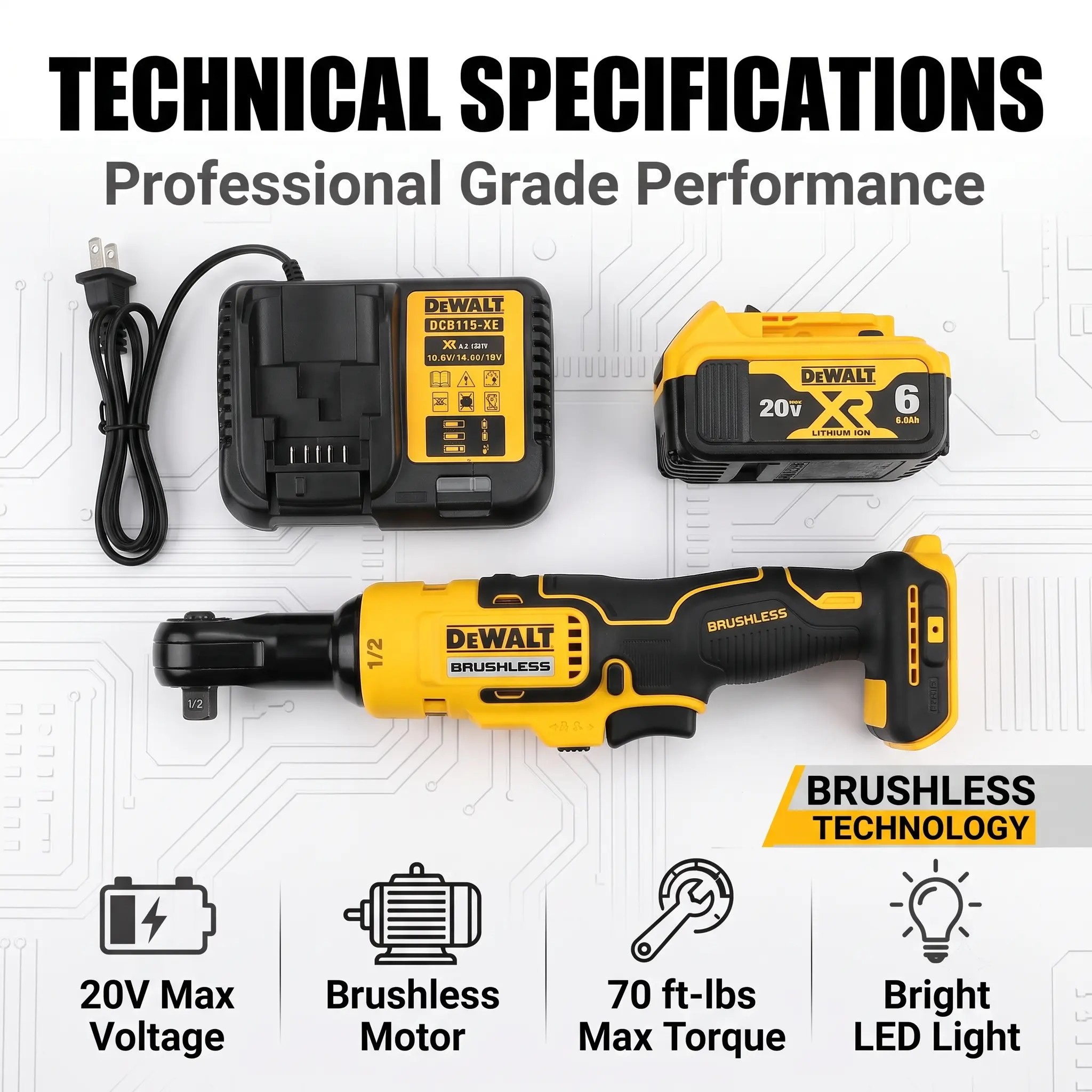DeWalt DCF512 20V MAX XR Cordless Ratchet Wrench Kit, torque capacity Drive with 6.0Ah Battery & Charger Ideal for Tight Spaces & Heavy-Duty Jobs