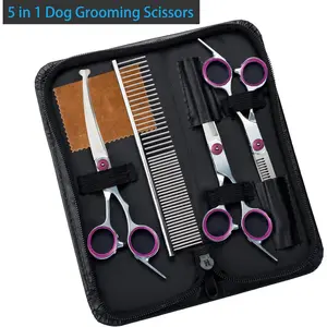 5 in 1 Premium Dog Grooming Scissors, Professional Dog Scissors for Grooming with Safety Round Tips, Stainless Steel Thinning Shears, Pet Cat Shears for Grooming Kit, Pink