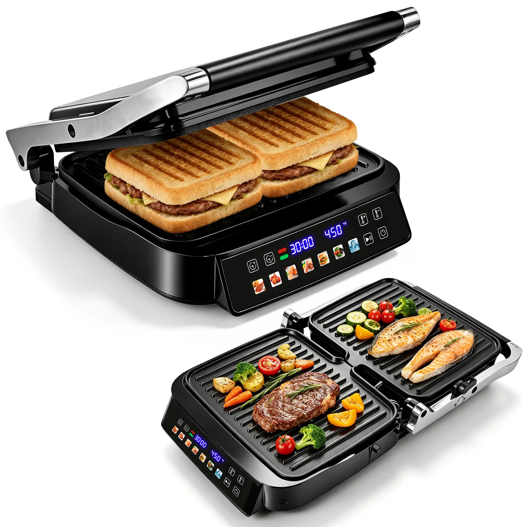 Pukomc 180° Electric Panini Press & Indoor Grill, 1500W Sandwich Maker with Removable Non-Stick Plates, Adjustable Temperature Control, Cool-Touch Handle, Easy-Clean Tabletop Appliance for Sandwiches, Steak