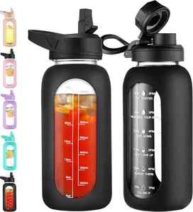 32 oz Glass Water Bottle with Straw and Handle, Large Sports Motivational Water Bottle Flask with Time Marker and 2 Lids, Leakproof Water Jug Canteen with Silicone Sleeve for Gym,Black
