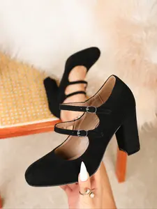 Women's French retro, Vintage Mary Jane high heels, suede double-strap, round toe, stable chunky heel, casual daily women's shoes, Stylish, versatile for banquet outfit pairing, suitable for commuting, parties, weddings, offices