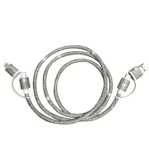 Diamond-studded  Four-in-One  dual Type-C data cable, supports 60W fast charging, compatible with Apple phones, iPads, and computers, features dual USB-C and Lightning connectors, suitable for car charging, 1.2-meter extra-long cable, Fast Charger