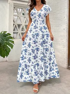 Women's Fashion Elegant Casual V-Neck Floral Print Patchwork Summer Dress, Stylish and Comfortable, Perfect for Daily Wear and Special Occasions