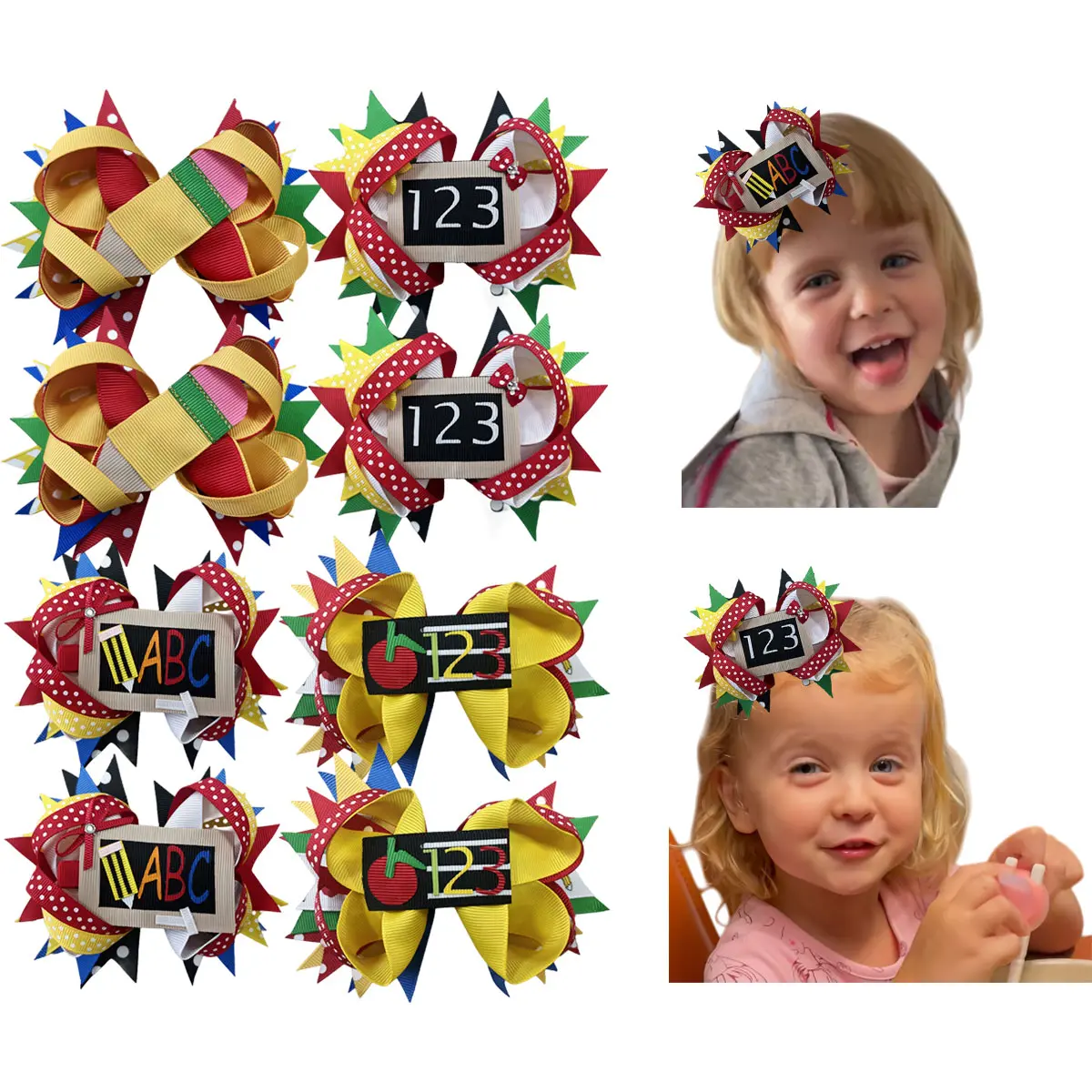 JoyBowie 8pcs Back to School Hair Bows for Girls, ABC 123 Chalkboard Pencil Grosgrain Ribbon Bow Clips with Alligator Barrettes, Multi Layer Spiky Kids Hair Accessories for Toddler Kindergarten School