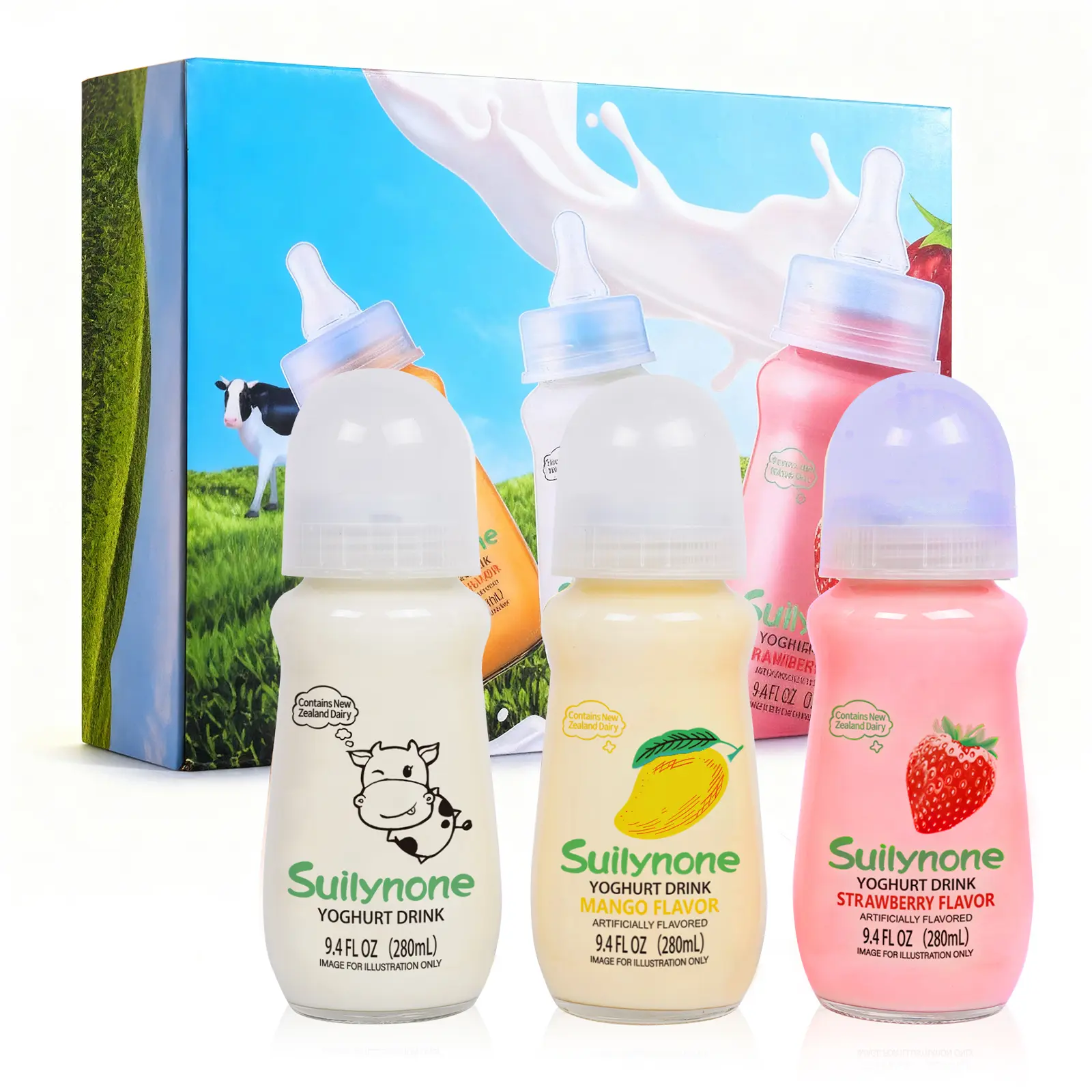Asian Style Yogurt Drink,3-flavor Pack-Mango,Strawberry & Original, Funny Baby Bottle Lid, 3*280ml Glass Bottles - Reusable, Eco-Friendlly & Cuteness