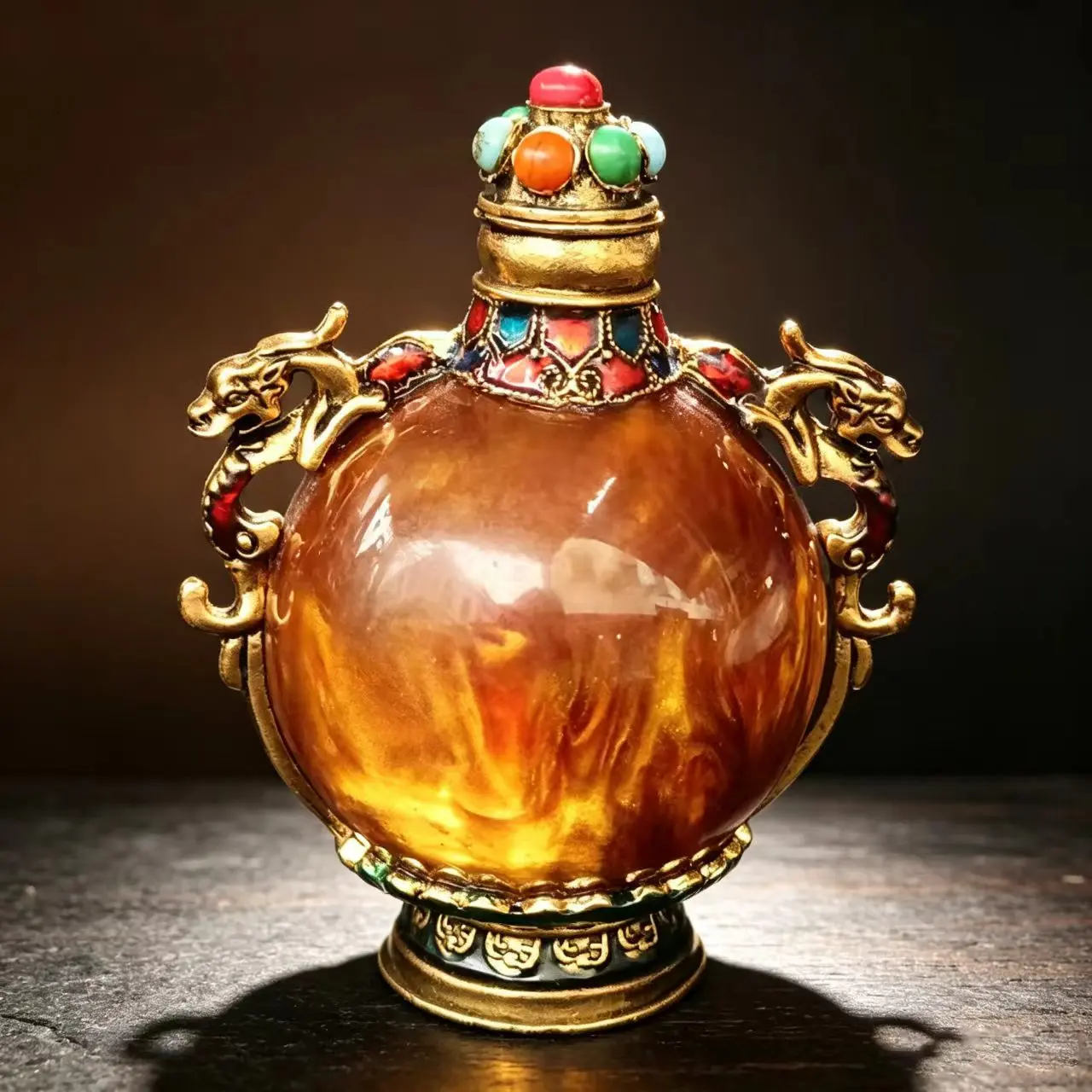Oriental Snuff Bottle with Amber-Toned Body Gilded Dragon Handles Enamel Inlay & Cabochon Stones Collectible Decor