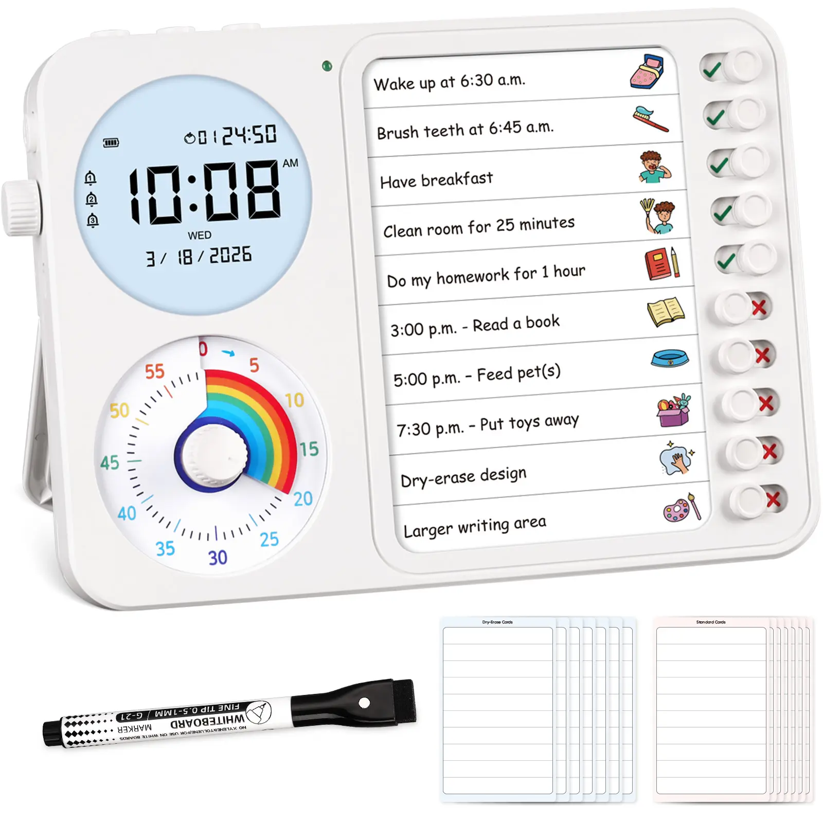 3-in-1 Visual Timer with Chore Chart Board, ADHD Routine Tool for Kids, Daily Schedule & Task Planner for Home, School, Classroom