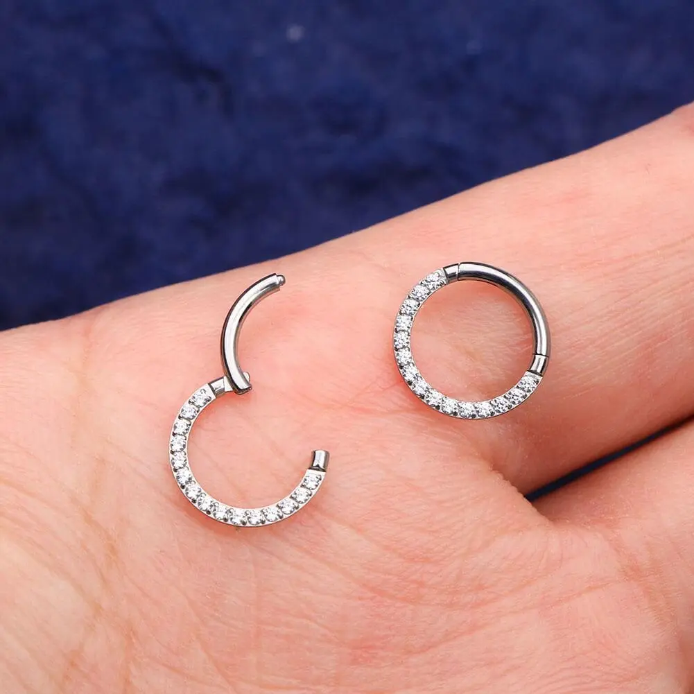 OUFER BODY JEWELRY 16G F136 Titanium Hinged Segment Hoop, Cubic Zirconia Paved Septum Piercing Jewelry for Female, Helix Pierced Ring - 6/8/10mm