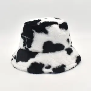 Fluffy Cow Bucket Hat fur thick windproof Warm Basin Lightweight Women , gorra print de vaca aesthethic Winter