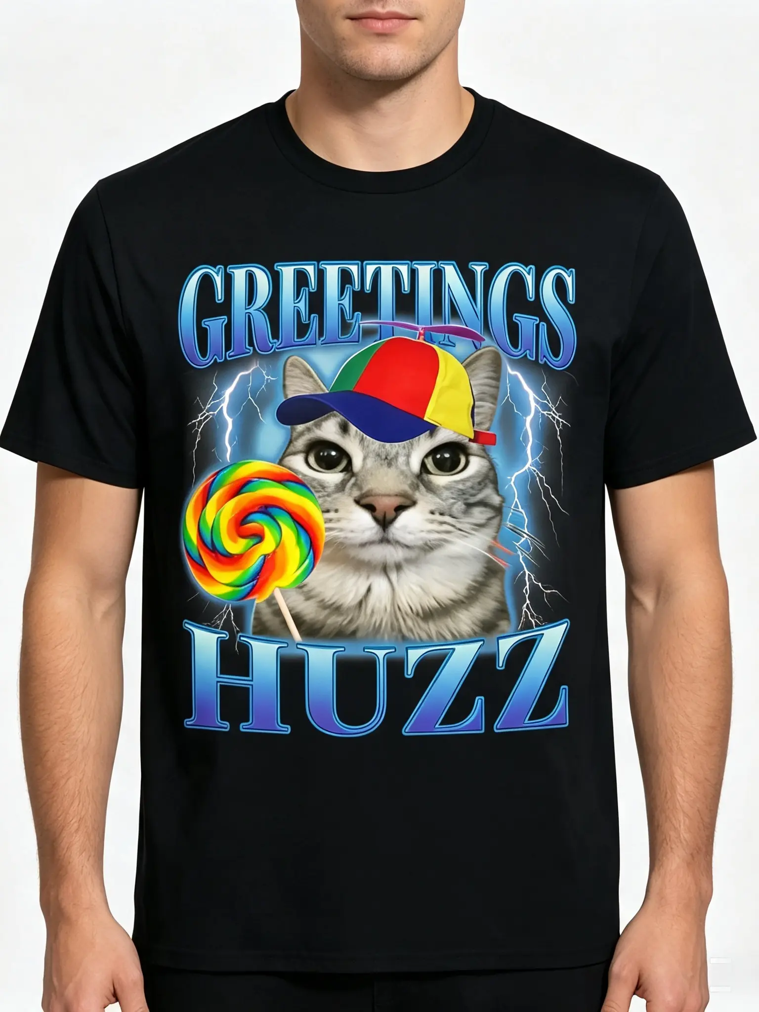 Men's Unisex Classic Cut Short-Sleeve 100% Cotton T-Shirt - Elegant, Funny Lollipop Cat Meme Print, Casual Fit, Meme Shirts, Funny Graphic Tee, Year-Round Basic, Quirky Gift, Cartoon Graphic Top