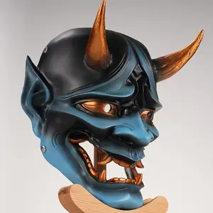 [Cool 3D Resin Mask] Resin Oni Mask - Cool 3D Demon Design With Golden Horns, Dark Red Finish, Elastic Band For Halloween, Masquerade Parties, Stage Performances & Home Decor, Masquerade Accessory | Menacing Expression, For Halloween Party Costume Props