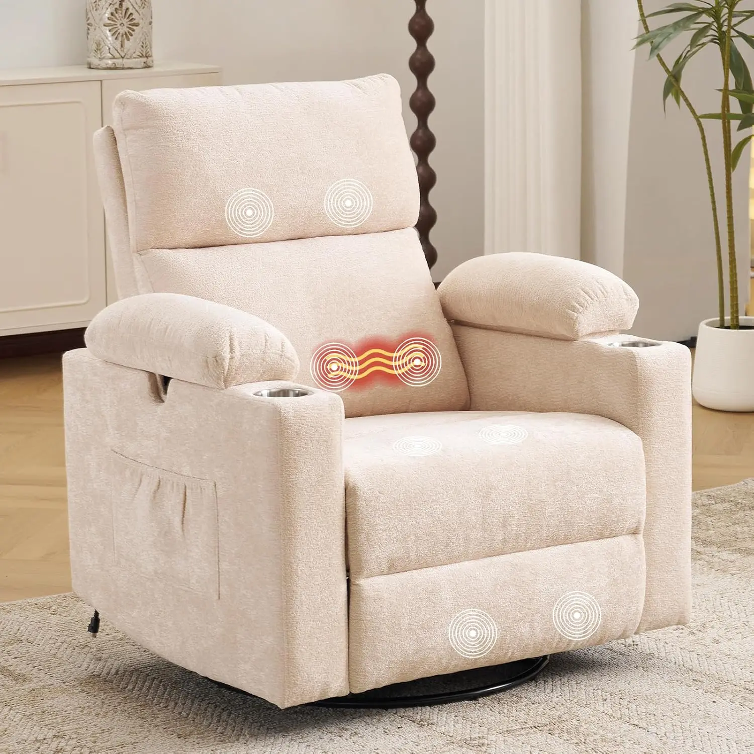 Rhevoy FSC-Certified Modern Wood Chenille Electric Swivel Rocking Armchair - 350lb Capacity, Press-Adjust Raisable Arms/Headrest, Massage, Heat, Quick Setup, Ergonomic, 41"d x 36"w x 43"h, Sleeper for Pregnant Women, Swivel Chairs, Overstuffed