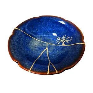 Deep Ocean Lotus Leaf – Kintsugi Restored Ceramic Plate