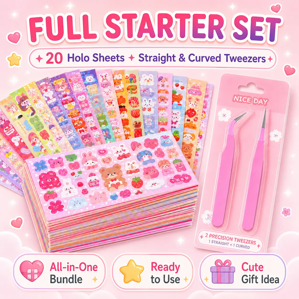 20-Sheet Holographic Kawaii Stickers & Precision Tweezers – Choose Sticker Sheets, Straight Tip, Curved Tip or Full Journaling Starter Kit for Planners, Scrapbooking, DIY Crafts & Gifts