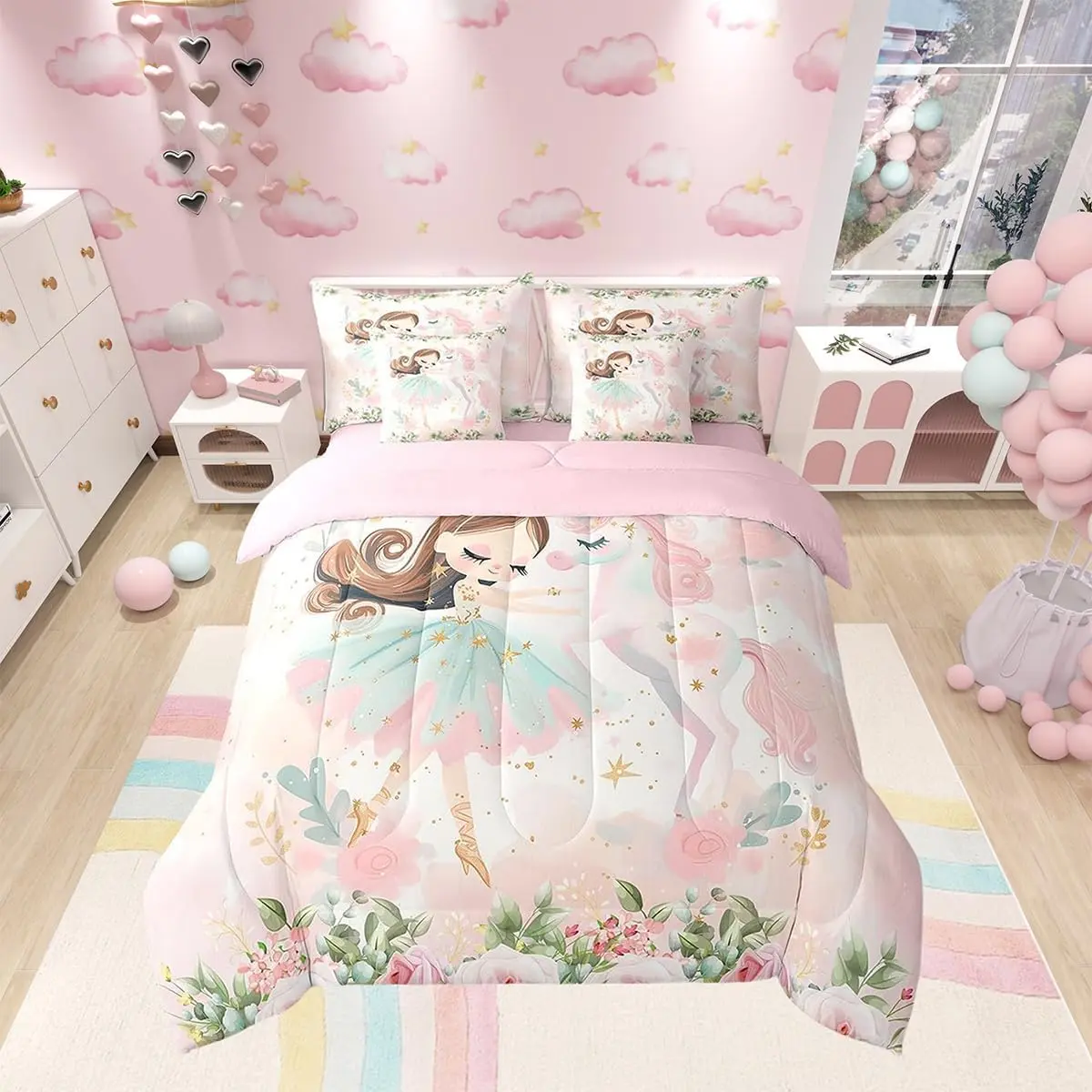 7 Pieces Princess Comforter Set,Kawaii Ballerina and Unicorn Bedding Set Watercolor Flower Print Bed in a Bag with Comforter,Fitted Sheet,Flat Sheet and Pillowcases