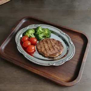 1Pcs 304 Stainless Steel Serving Tray - BPA Free Vintage Floral Edge Oval Platter, Food Safe Dessert & Steak Plate for Kitchen Dining Table