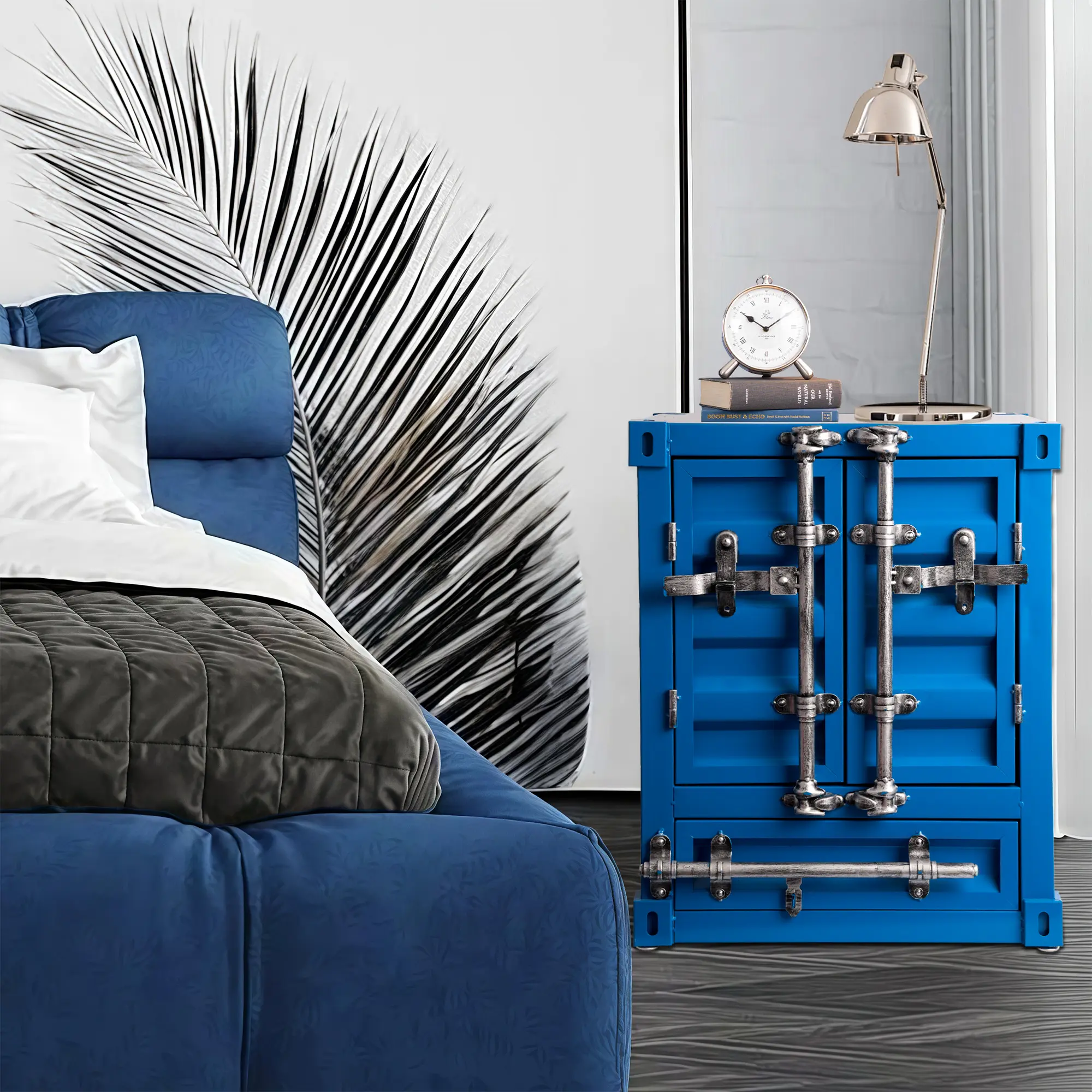 Industrial Style Container Side Table, Bedroom Nightstand, Lockable Storage Box w/ Durable Cast Iron Design, Christmas gift for Living Room, Bedroom, Garage, Game Room