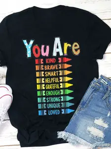 Women's Plus Size Motivational Teacher T-Shirt - "You Are Brave Smart Kind Brave Helpful Genuine Loved" Positive Affirmations, Casual Everyday & Outfits - Machine Washable Teacher Apparel Gift, Attire, Round Neck Tee, Comfortable Fabric