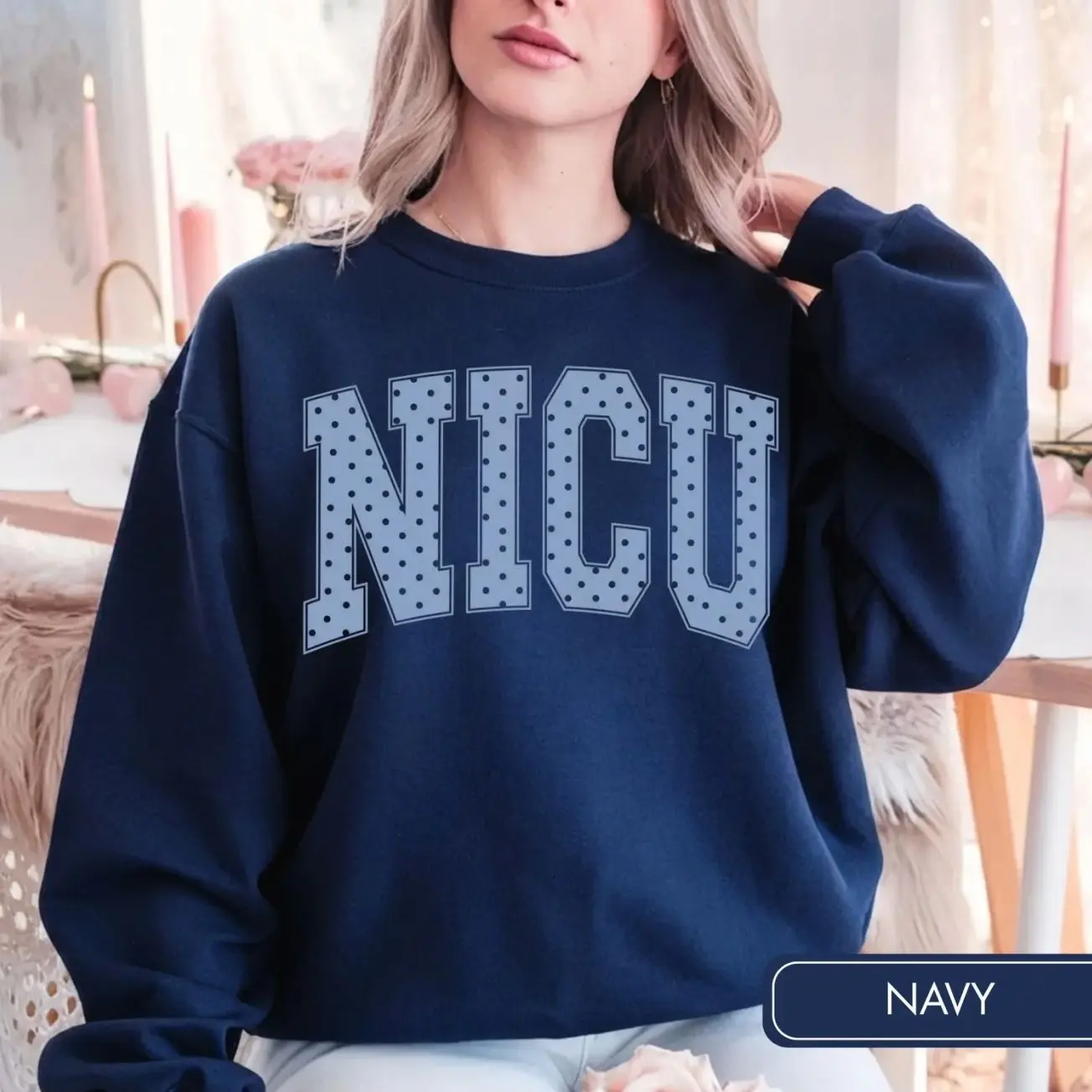NICU Blue Polka Dot Cottagecore Aesthetic Nurse Sweatshirt, Neonatal ICU Healthcare Worker Gift RN Sweatshirt D