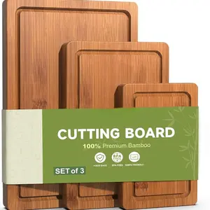 3-Piece Set Bamboo Cutting Board for Kitchen - Crack-Resistant Wood Chopping Boards with Deep Juice Grooves, Pre-Oiled Butcher Block for Meat, Vegetables & Cheese, Carbonized