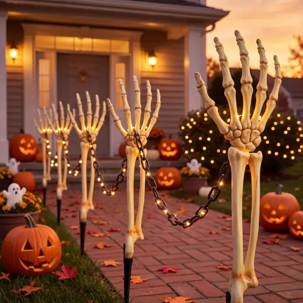 12-Piece Halloween Skeleton Hand Decorations, Realistic Skeleton Arm Stakes with 8 Skull Hands, 32.8 FT Black Chain & LED Lights for Graveyard, Pathway, Yard, Lawn & Haunted House Décor Set – Spooky