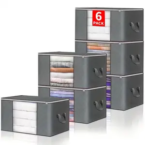 LMMAKE 6-Pack Large Folding Storage Bags with Reinforced Handles - Bedroom Organizer Bins for Clothing, Blankets, Toys (Grey) for Storage Organization, Bedroom Storage
