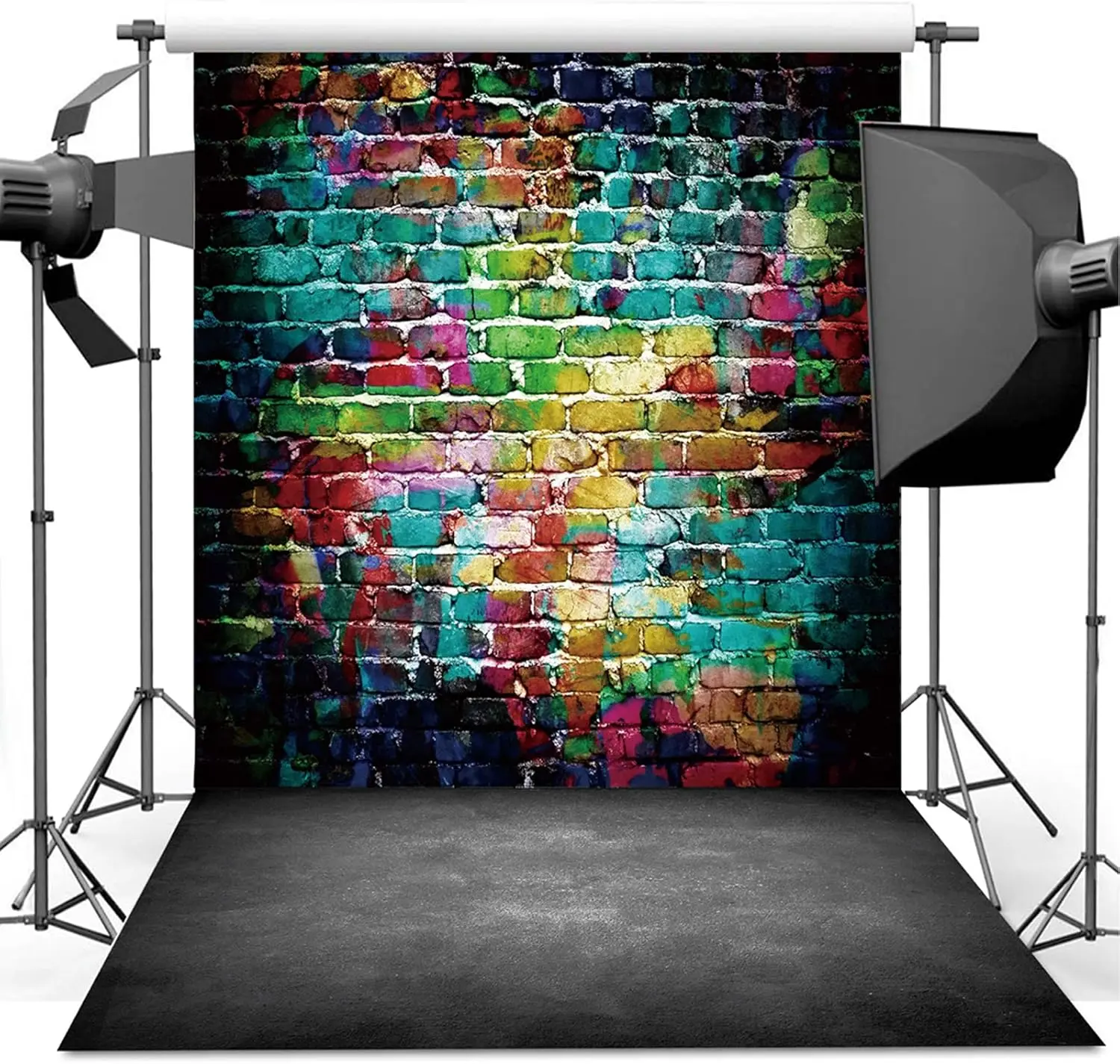 Graffiti Photography Backdrop, 5x7 ft Colorful Brick Wall  Cement Floor Backdrop for Studio Props Photo Background