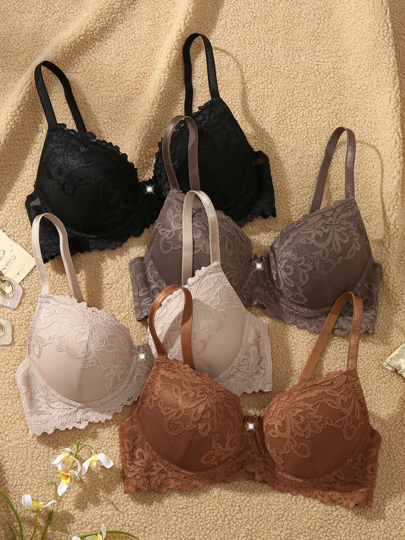 4-Pack Women's Solid-Color Underwire Bras, Underwear, featuring Floral Lace and Bow Accents, Sexy, Chic, Elegant Lingerie with Adjustable Thin Straps, Scalloped Edges, and Push-Up Support, Comfortable, Breathable, Fit, and Suitable for Everyday Wear