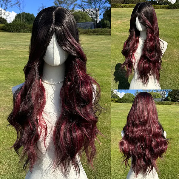 SMILCO SM511 28Inch Highlighting Burgundy with Black Long Wavy Synthetic Full Wig, Suitable for Various Events Glueless Wigs Asymmetrical Bob Wigs