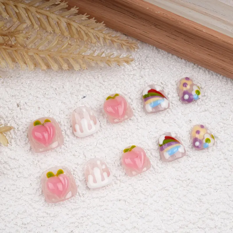 Pink Peach Children's Press On Nail,Cute Rainbow Blossom,Reusable,Birthday Gift,Valentine's Day