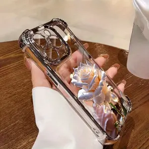 Crystal Rose Pattern Four Corner Anti-Fall Phone Case Transparent Electroplated Protective Cover for iPhone 16 Pro Max 15 Plus 14 13 12 11 E