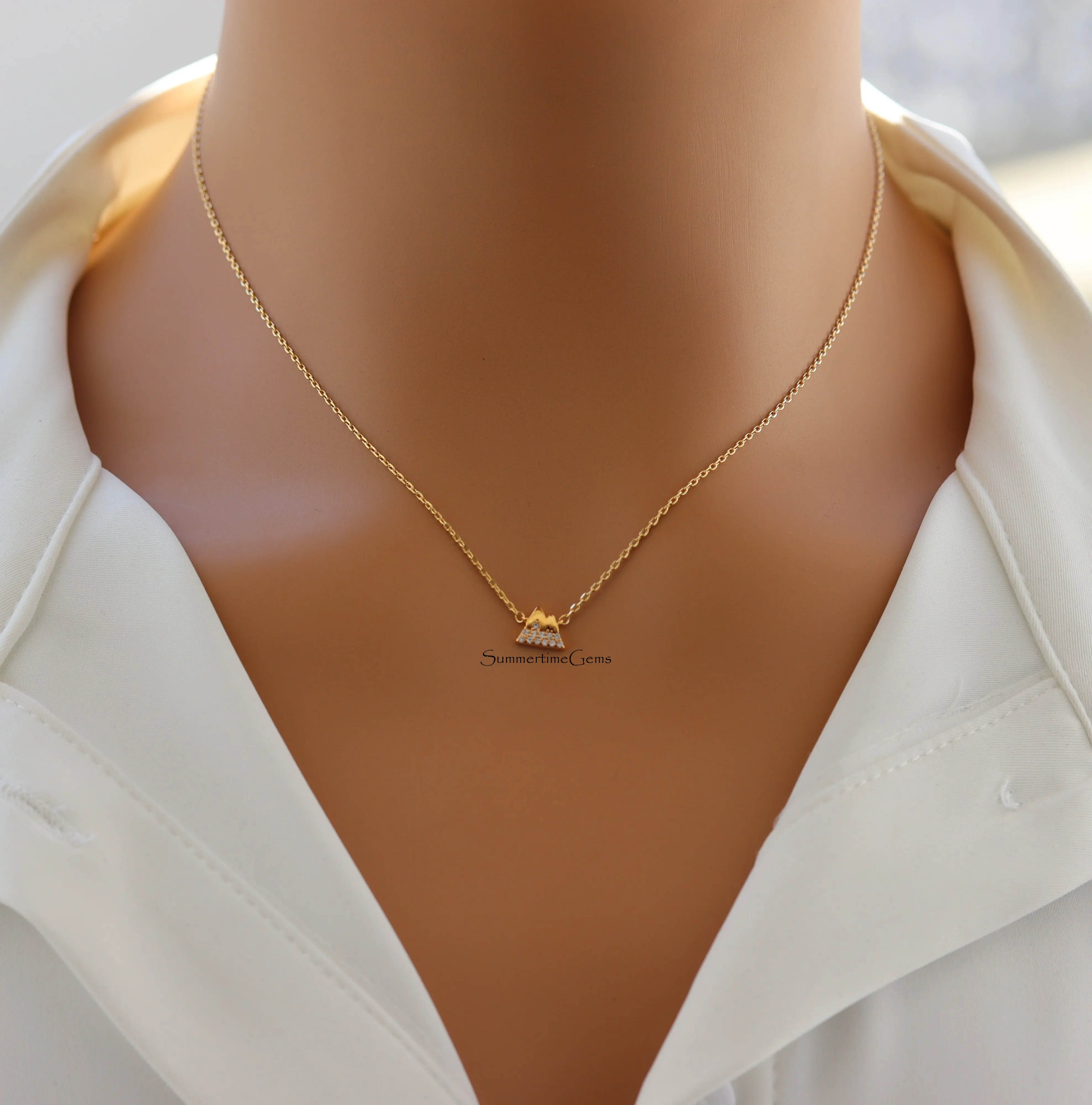 18K Gold Plated Mini CZ Mountain Pendant Necklace – Dainty Nature-Inspired Jewelry for Women