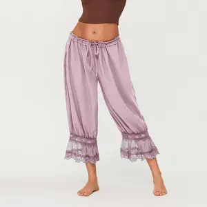 Women Summer Y2K Vintage Lace Trim Pants Pettipants Long Bloomers Pants Under Dress Pantaloons Cute Ruffles Pumpkin Pants