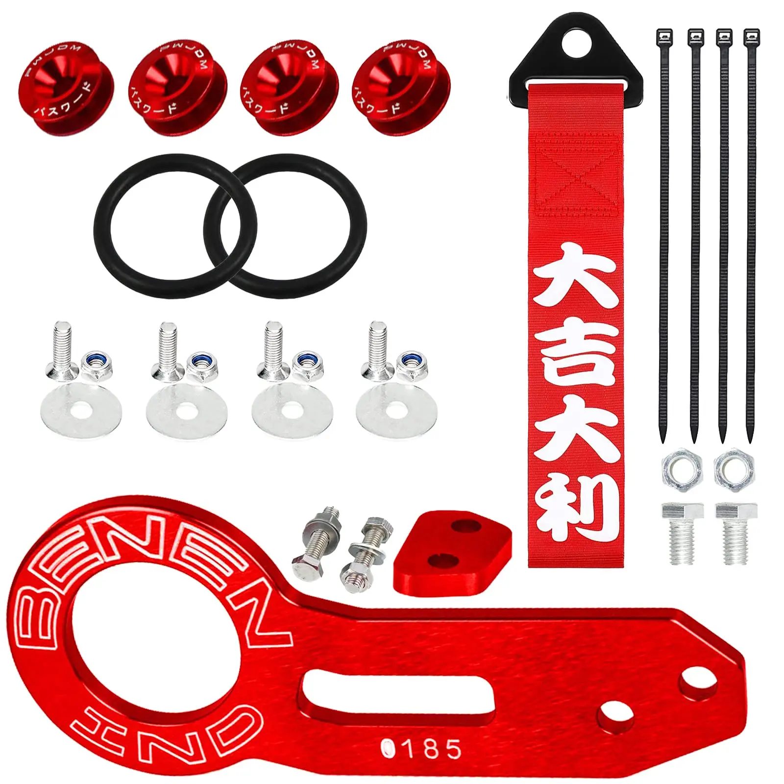 Heart Horse JDM Red High-Strength Nylon Tow Strap - Automotive Exterior Towing Accessory with Aluminum Alloy CNC Parts, Double Nuts, Stainless Steel Quick Release Fittings, for Street & Show Cars