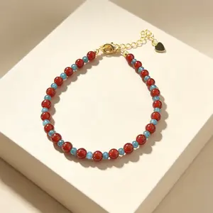 Natural Carnelian Apatite Beaded Bracelet | Dainty Crystal Stacking Bracelet | 14K Gold-plated Adjustable Healing Jewelry Gift for Women Men Mother's Day Gift