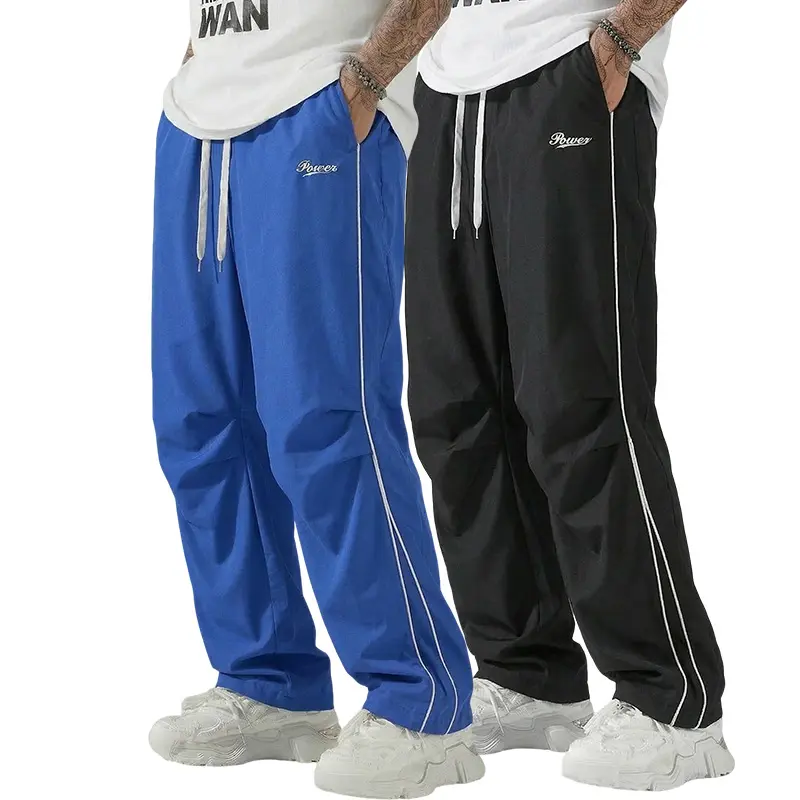 Men’s two-pack fashion casual striped athletic pants—American-style straight-leg quick-dry paratrooper pants; street-style loose straight-leg drawstring sweatpants for everyday wear, commuting, sports, fitness, and dance training. Baggy  Loose-Fit Pants,,