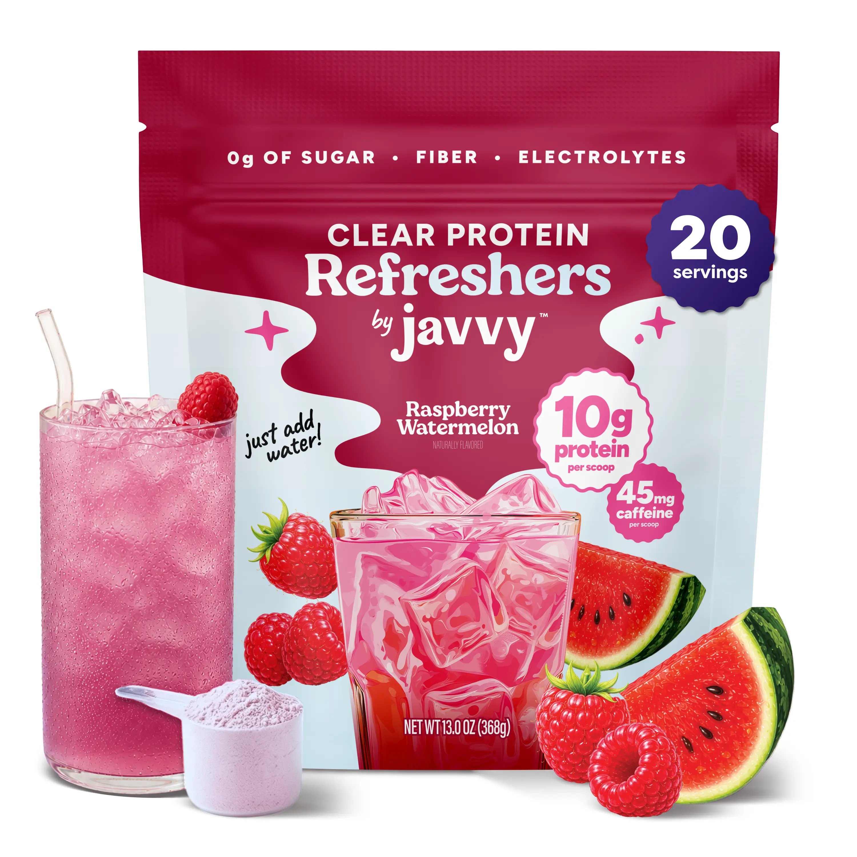 Javvy Raspberry Watermelon Refresher - Premium Clear Whey Protein Drink with Electrolytes, Fiber, 45mg Caffeine - 100% Natural Flavors, 0g Sugar, 0 Artificial Colors & Sweeteners - 20 Servings