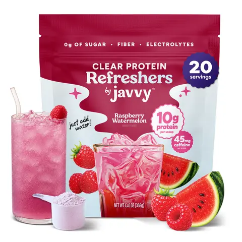 Javvy Raspberry Watermelon Refresher - Premium Clear Whey Protein Drink with Electrolytes, Fiber, 45mg Caffeine - 100% Natural Flavors, 0g Sugar, 0 Artificial Colors & Sweeteners - 20 Servings