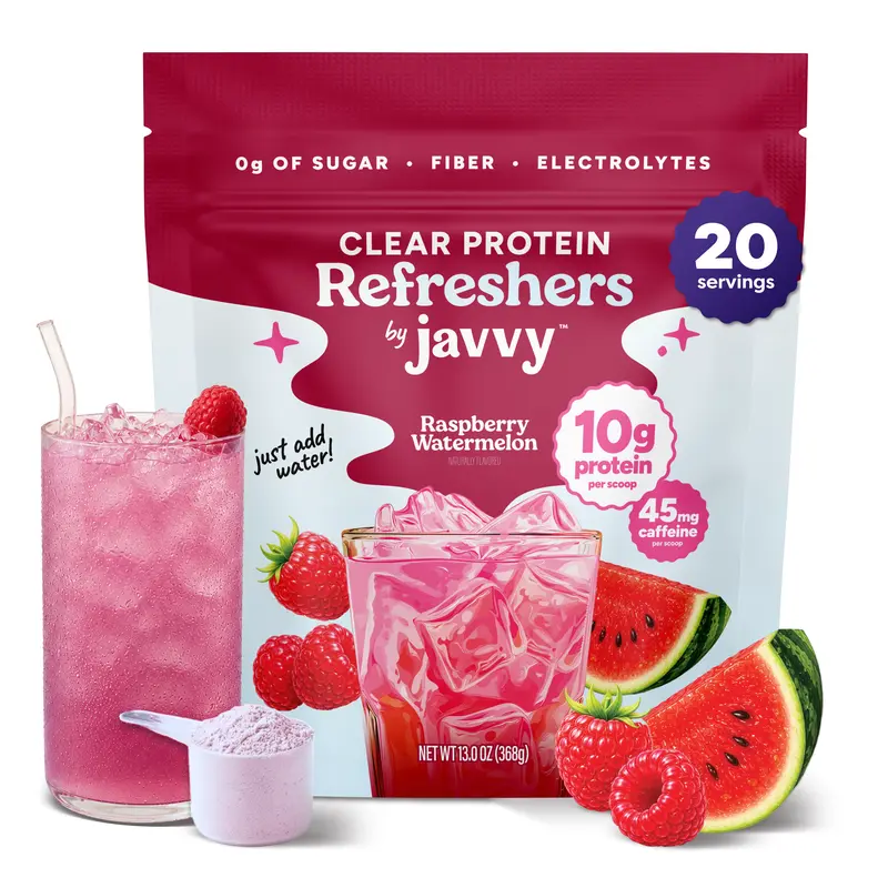Javvy Raspberry Watermelon Refresher - Premium Clear Whey Protein Drink with Electrolytes, Fiber, 45mg Caffeine - 100% Natural Flavors, 0g Sugar, 0 Artificial Colors & Sweeteners - 20 Servings