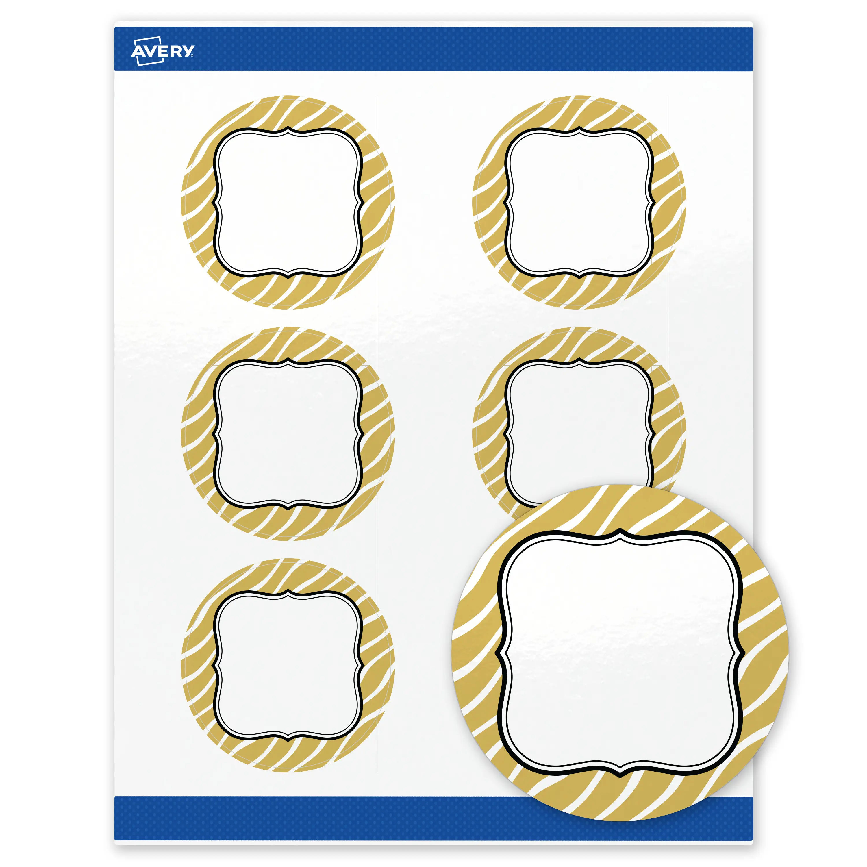 Avery Printable Round Labels with Sure Feed  Technology, 3" Diameter, Pre-printed Metallic Gold Zebra Pattern Design, Glossy White, Laser & Inkjet Compatible, 60 Total