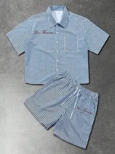 Unisex Plaid Short Sleeve Shirt Set, American Vintage Aesthetic Casual Loose Breathable Shirt + Drawstring Shorts, Summer Vacation Commute