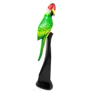 Green Wooden Parrot Bird on Stand Sculpture Carving Statue Handmade
