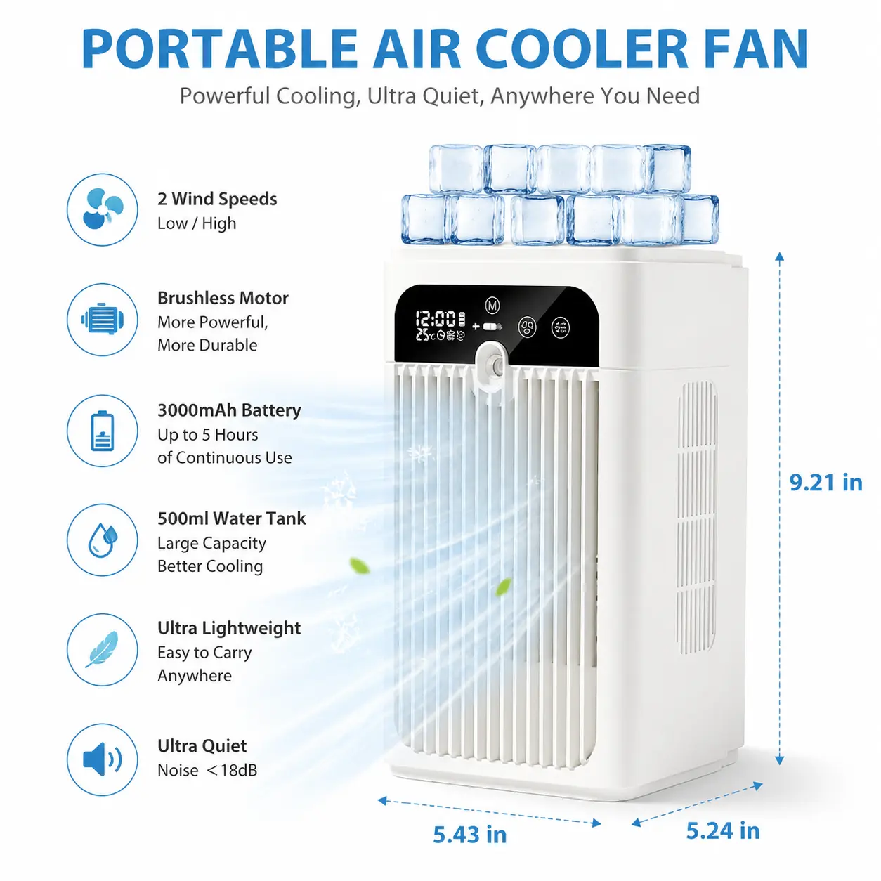 Portable Air Cooler Fan 3 in 1 Rechargeable Fan with 2 Mist Speeds and Powerful Wind, Mini Multifunctional Cooling Fan for Bedroom, Office, Camping